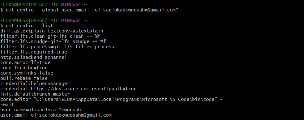 Git email config terminal output