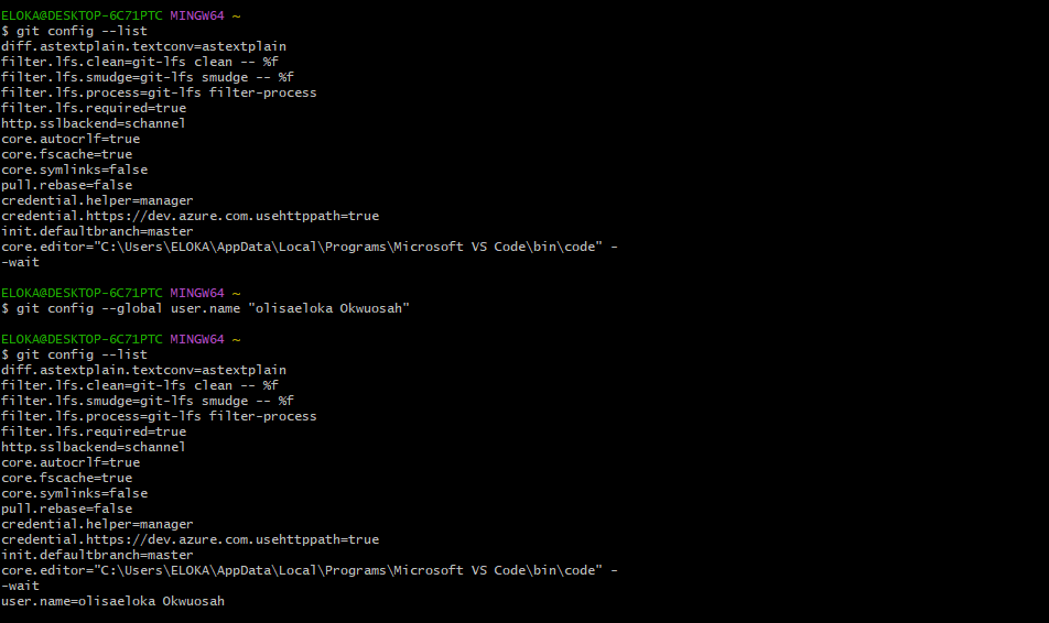 Git username config terminal output